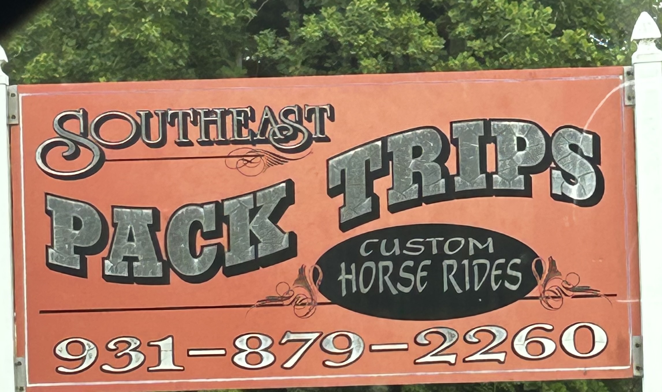 Sign advertising Southeast Pack Trips for custom horse rides, with phone number 931-879-2260, on an orange background with trees behind.