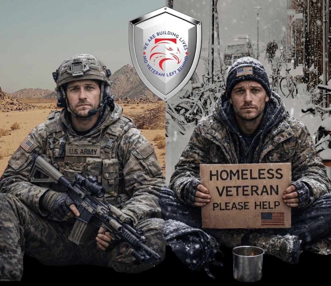 Two men in military gear sit outdoors, one holding a rifle, the other holding a sign about homelessness and veterans.