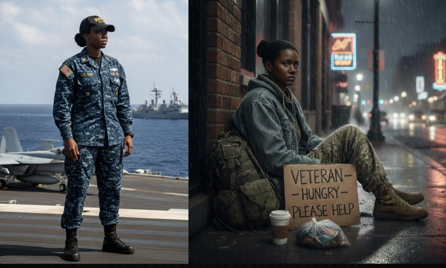 Two images: a soldier in uniform near water, and a person sitting on the street with a sign requesting help.