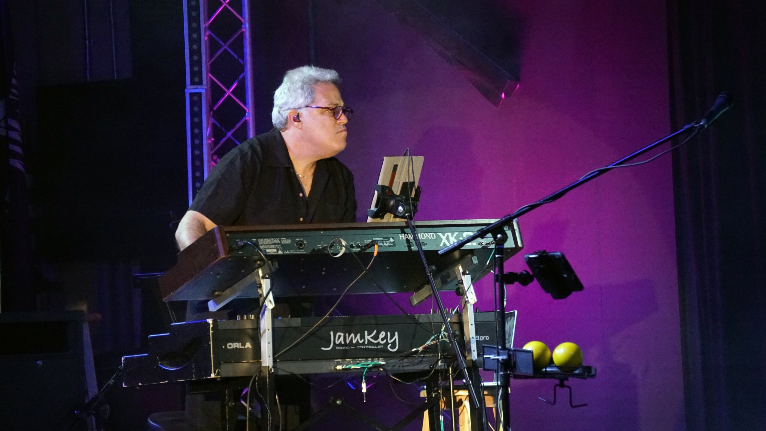 Person playing a keyboard on stage with purple lighting and microphone, with yellow balls nearby.