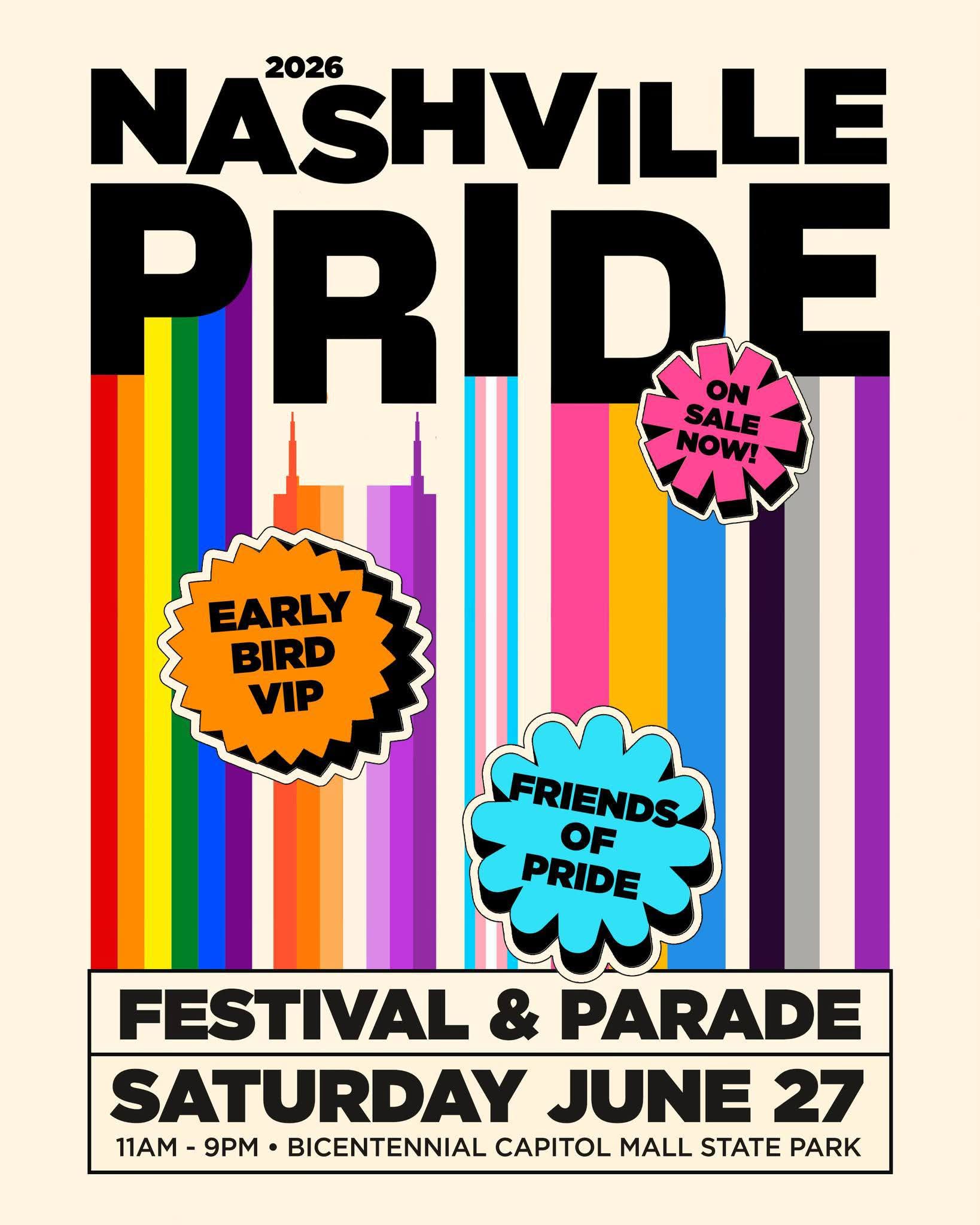 Event poster for Nashville Pride Festival and Parade on June 27, with colorful rainbow stripes and event details.