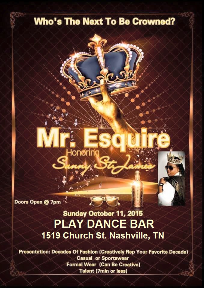 Event poster with a crown, hand, and text about Mr. Esquire's celebration at Play Dance Bar on October 11, 2015.