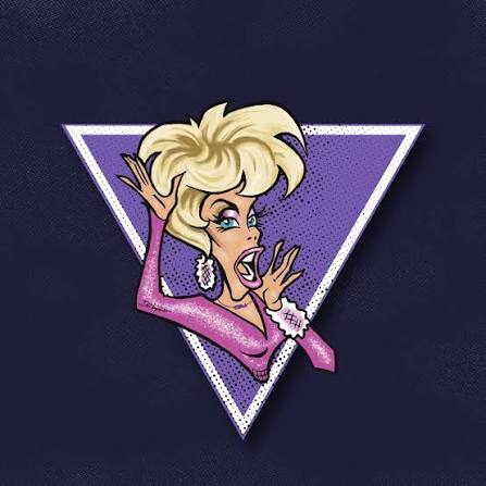Cartoon woman with blonde hair, wearing pink, gesturing with hands, inside a purple triangle on dark background.