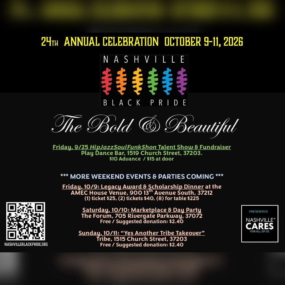 Event poster for Nashville Black Pride 2026, with colorful rainbow logo, event dates, and schedule details, on a black background.