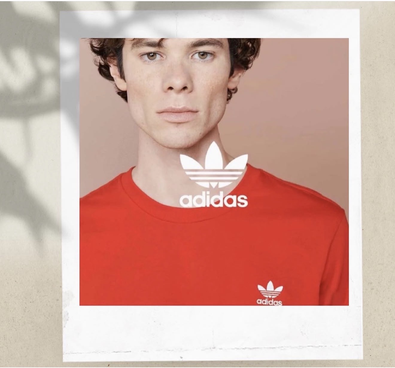 Young man with curly hair wearing a red Adidas shirt with logo, looking at camera.
