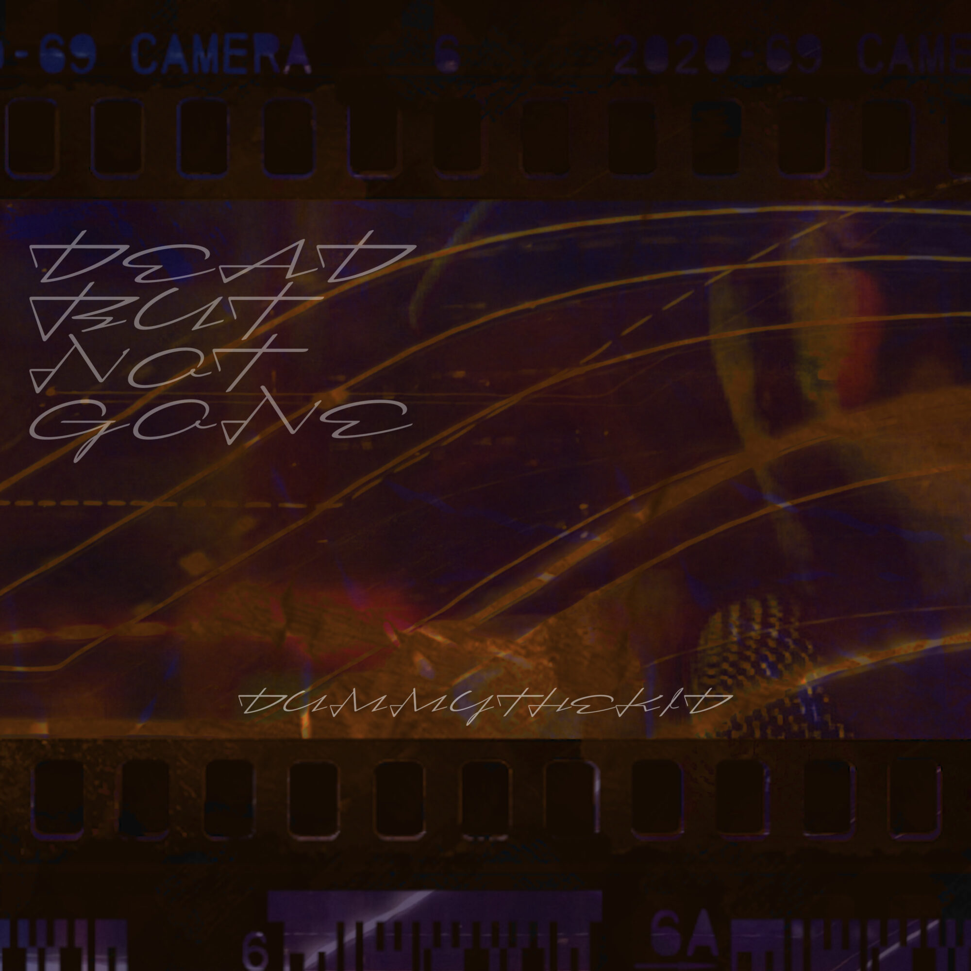 Abstract image with streaks of light and handwritten text, appears sideways, with dark background and colorful lines.