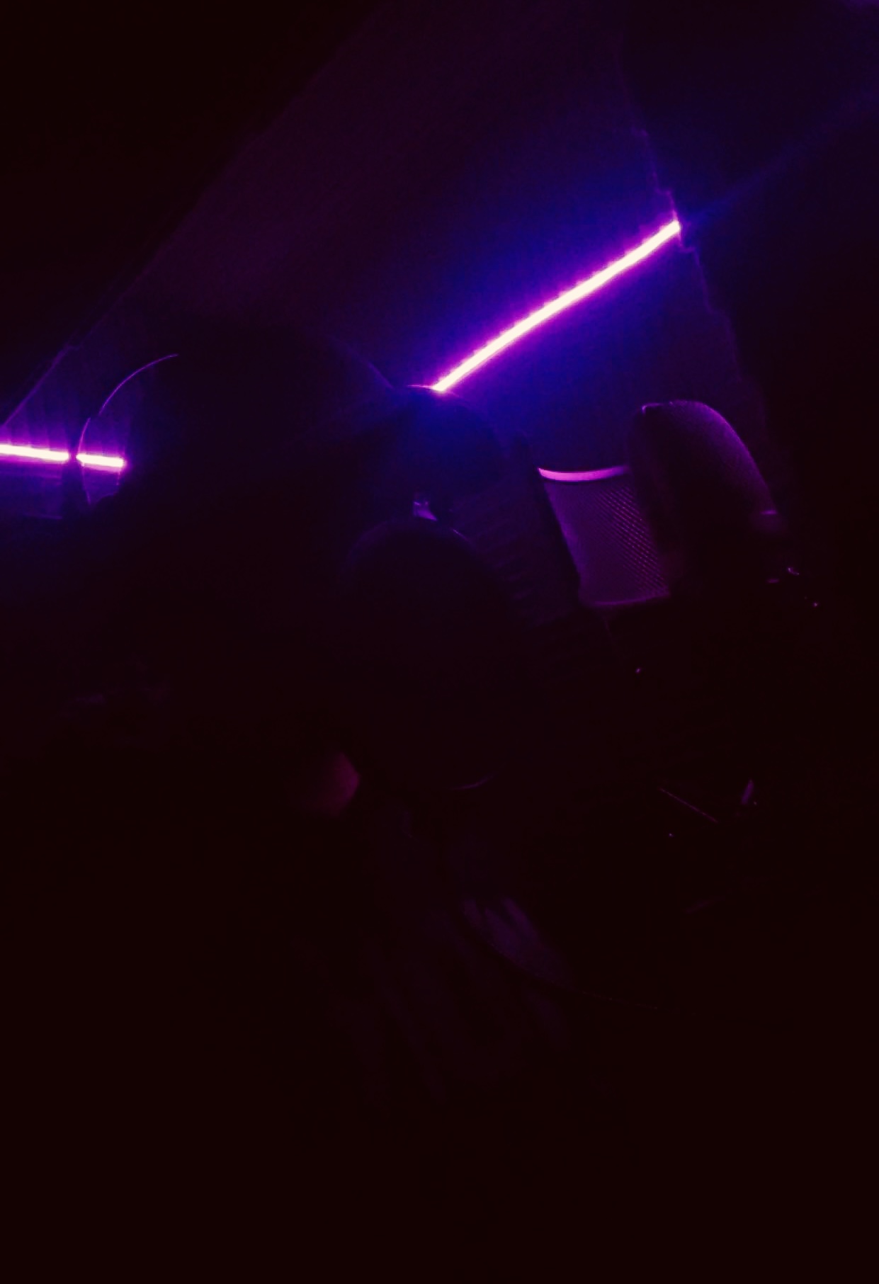 Dark scene with purple neon lights and silhouettes of people, possibly in a nightclub or concert setting.