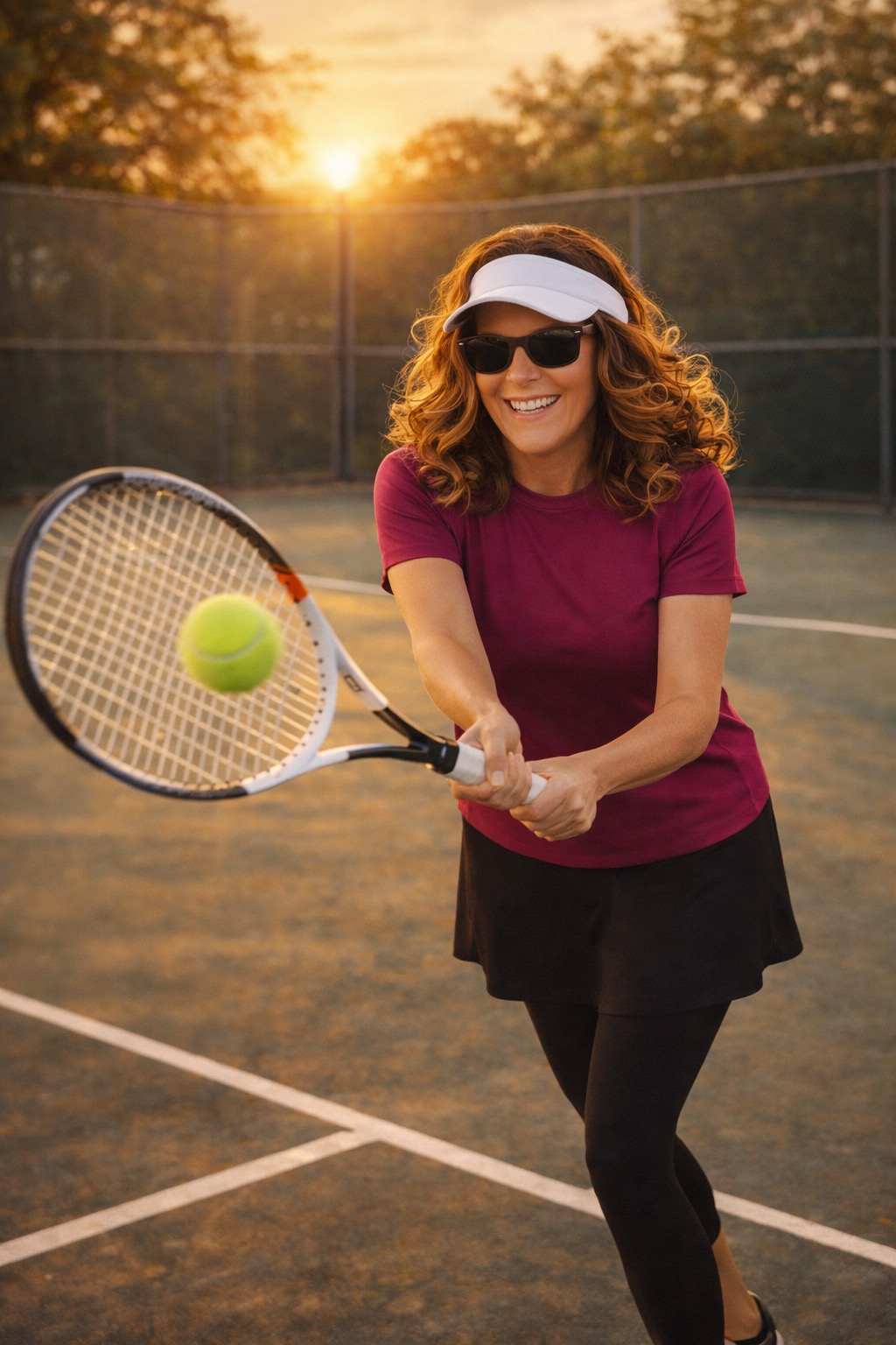 Woman with curly hair, sunglasses, and a white visor playing tennis on an outdoor court at sunset.