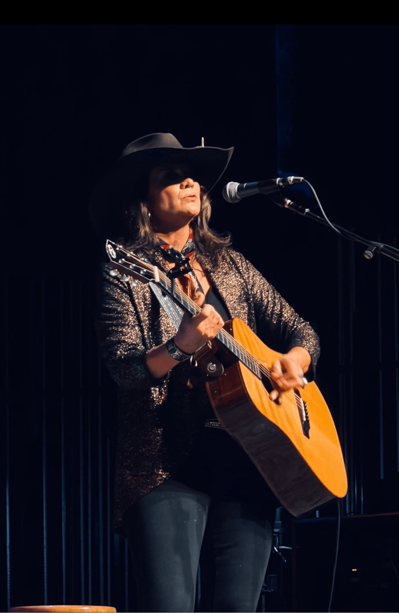 Woman wearing a large hat and sunglasses playing an acoustic guitar on stage with a microphone, dark background.