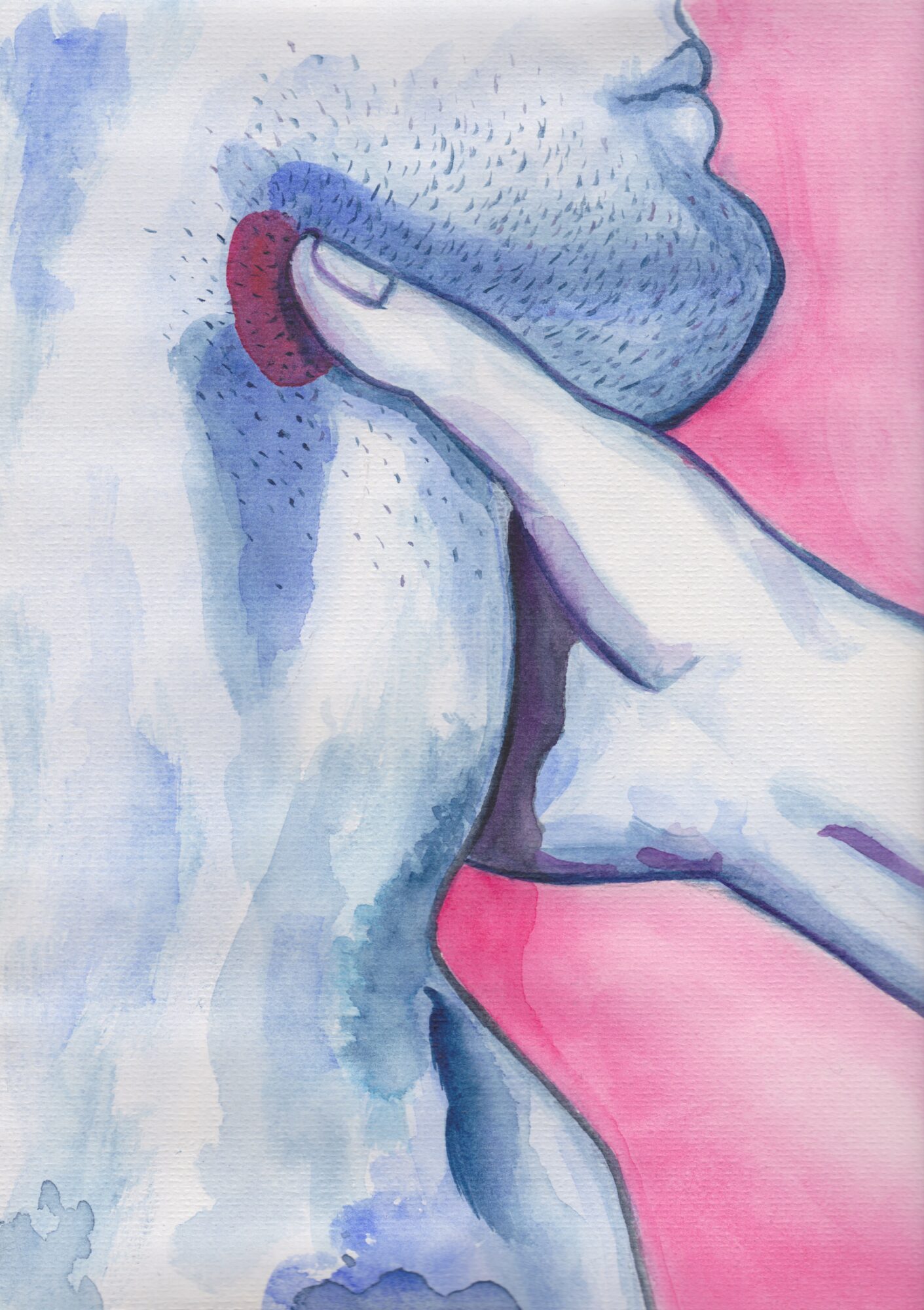 A hand pressing a red button on a person's chin, with a pink background.