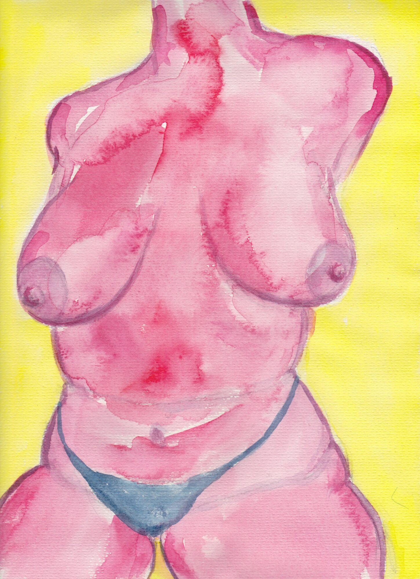 Watercolor painting of a topless female figure with a yellow background, wearing dark underwear, with visible breasts and torso.