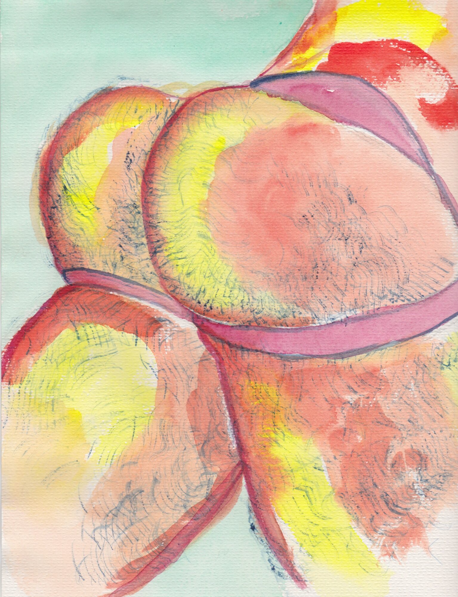Watercolor painting of peaches with soft pink, yellow, and green hues, and purple outlines, arranged in a cluster.