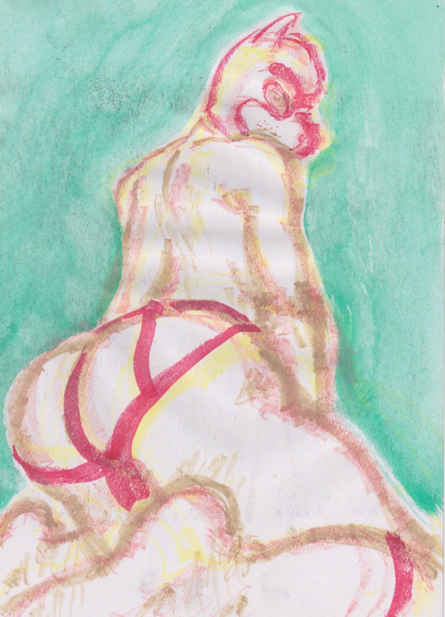 A sketch of a person with animal features, sitting with back turned, wearing red underwear, against a green background.
