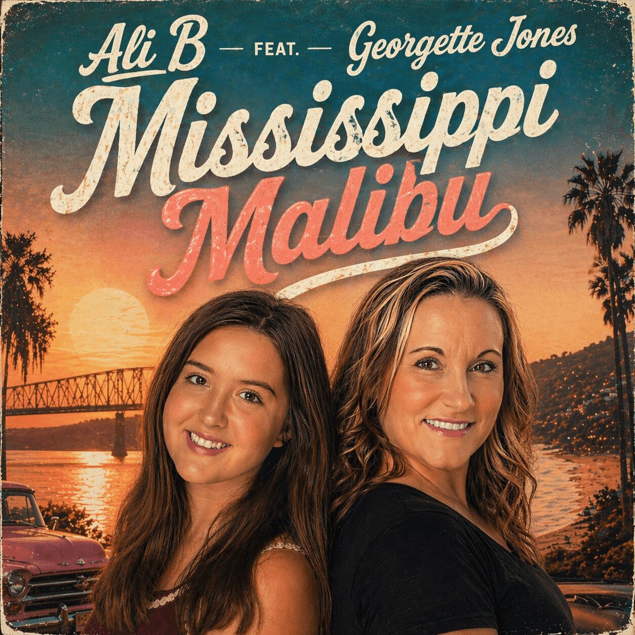 Two women smiling in front of a sunset with palm trees and a bridge, with text about a song featuring Georgette Jones.