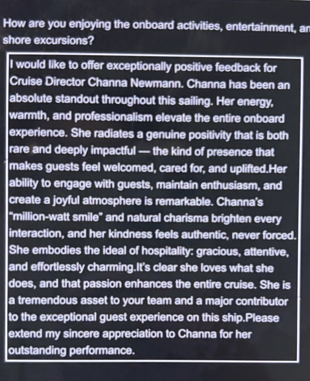A testimonial praising Channa Newmann's onboard performance, highlighting her positivity, warmth, and engaging personality.