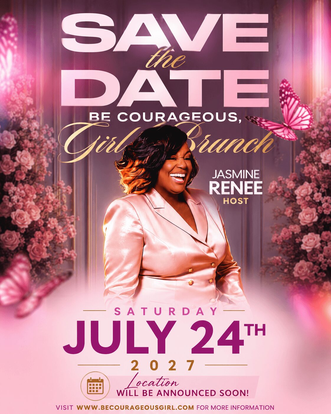 Woman smiling in pink satin dress, pink flowers, butterflies, event details for a girl brunch on July 24, 2027.