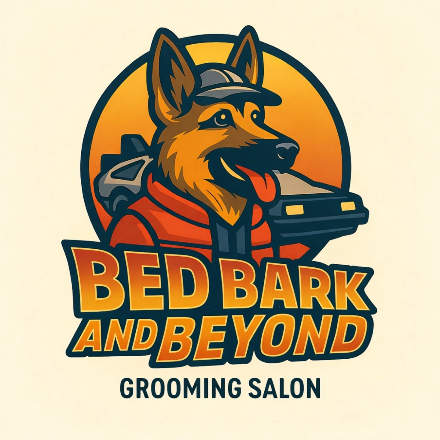Logo with a dog wearing a hat, with cars and sunset background, text reads 'Bed Bark and Beyond Grooming Salon'.