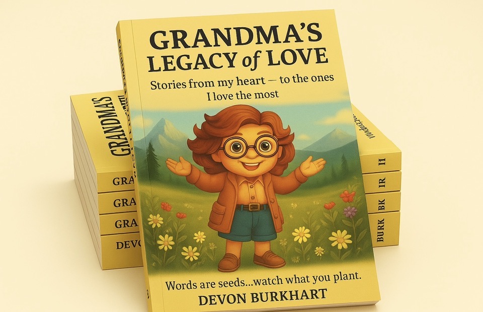 Book titled 'Grandma's Legacy of Love' with an illustration of a smiling girl with glasses, arms open, outdoors with flowers.