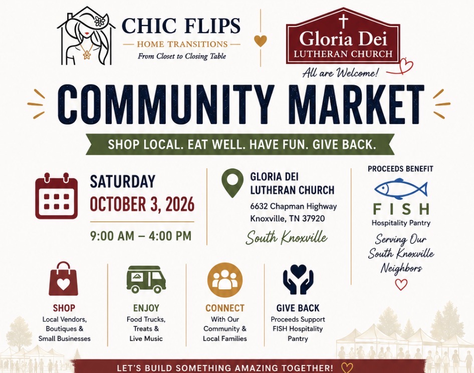 Community market flyer with event details, location, date, and activities, including shopping, enjoying, connecting, and giving back.