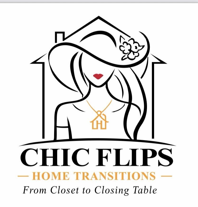 Logo with a woman wearing a hat, necklace, and the text 'CHIC FLIPS' and 'HOME TRANSITIONS'.