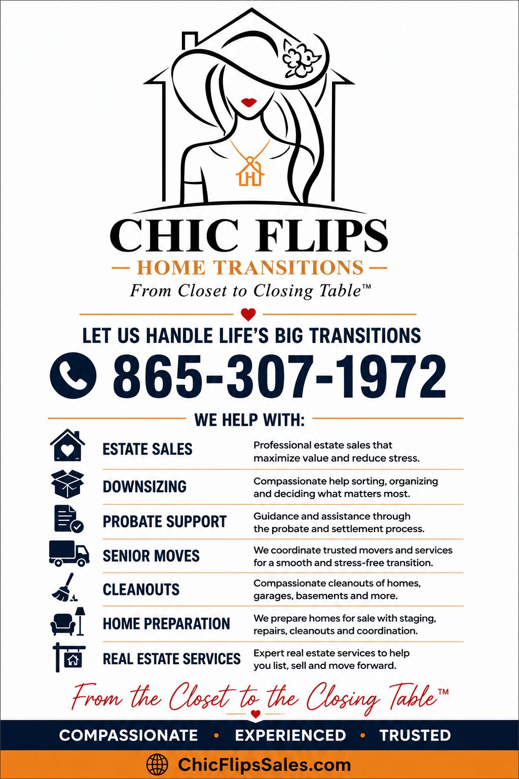 Logo with a woman in a hat, house outline, and text about home transitions and estate services.