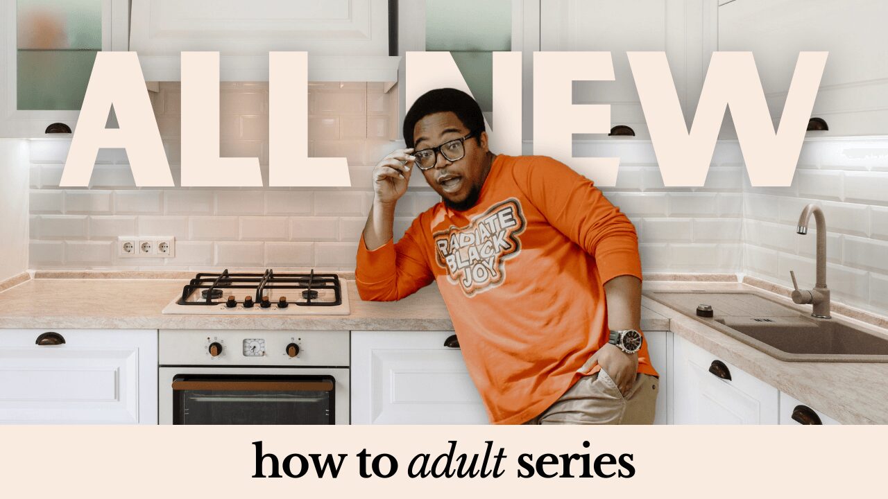 Person with glasses and orange shirt leaning on kitchen counter, large text reads 'ALL NEW', below is 'how to adult series'.