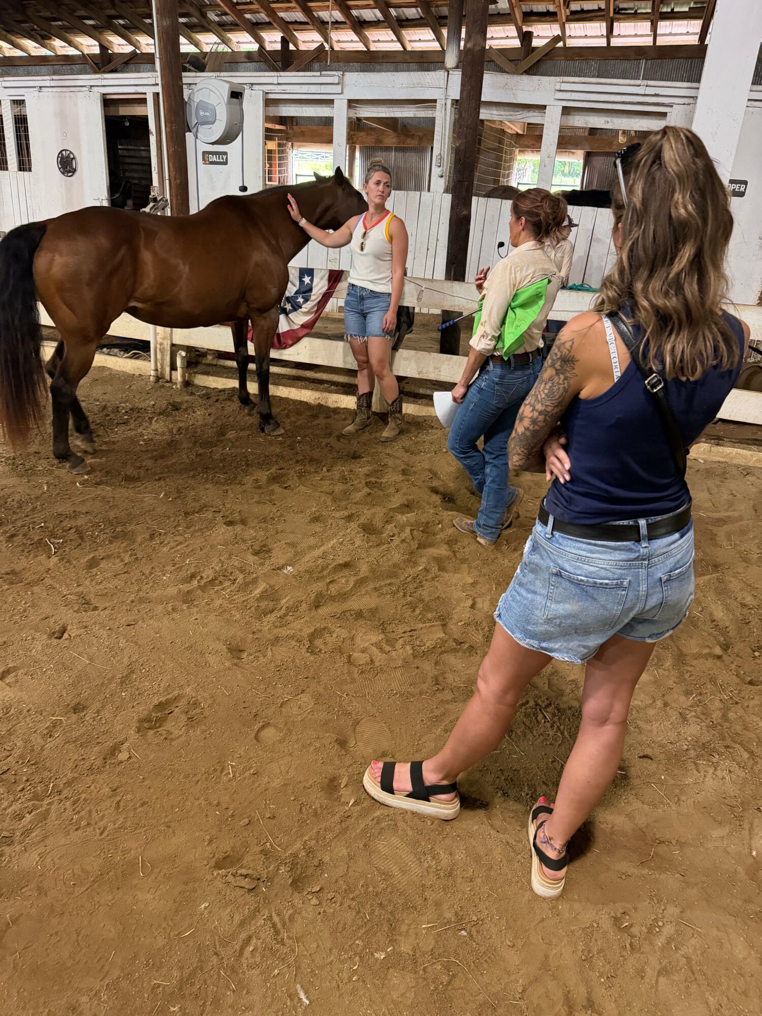 Three women and a girl stand near a brown horse inside a barn with wooden beams and dirt floor.