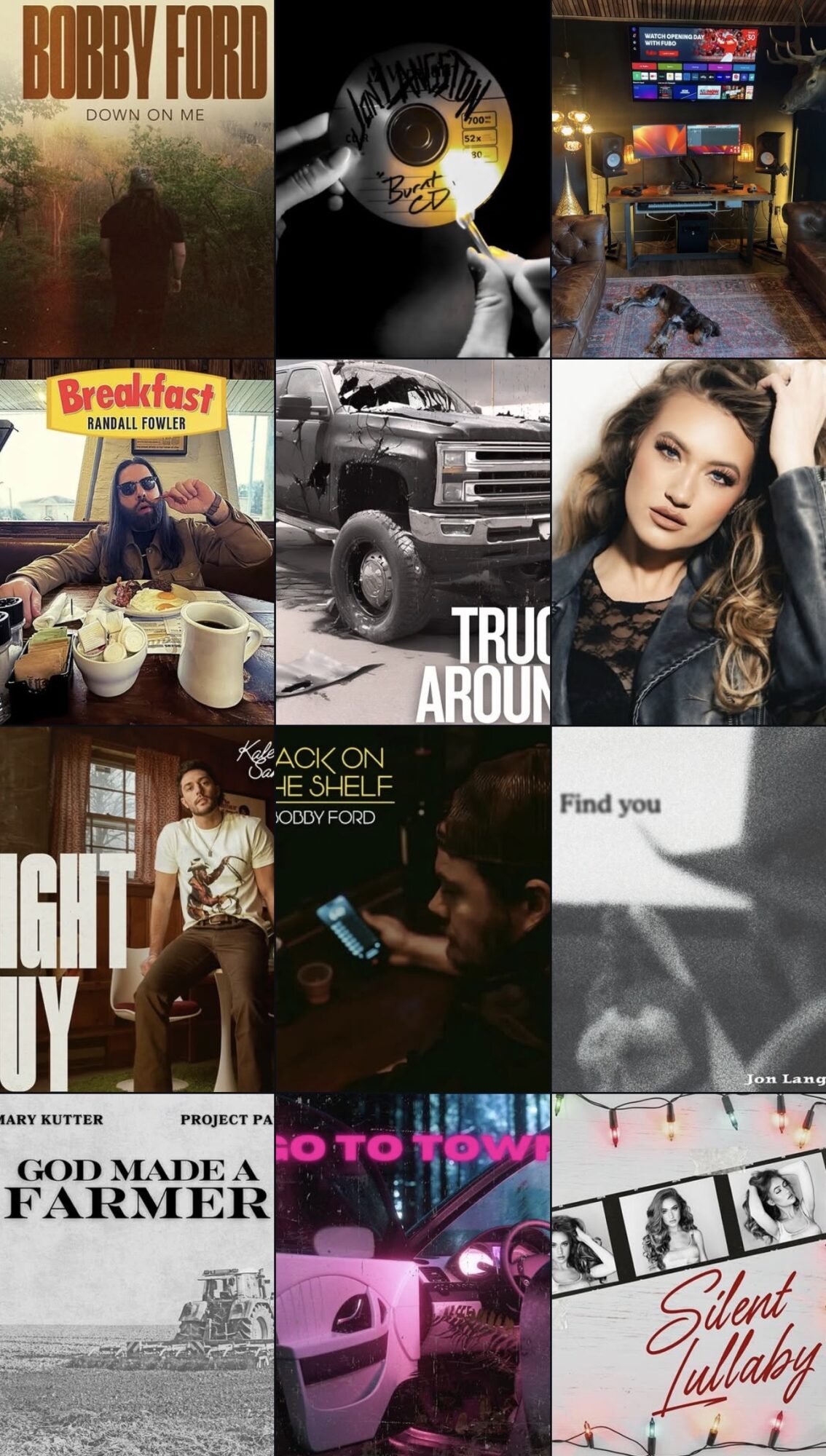 Collage of nine images including a person with a guitar, vinyl record, truck, breakfast table, woman with headphones, and a city scene.