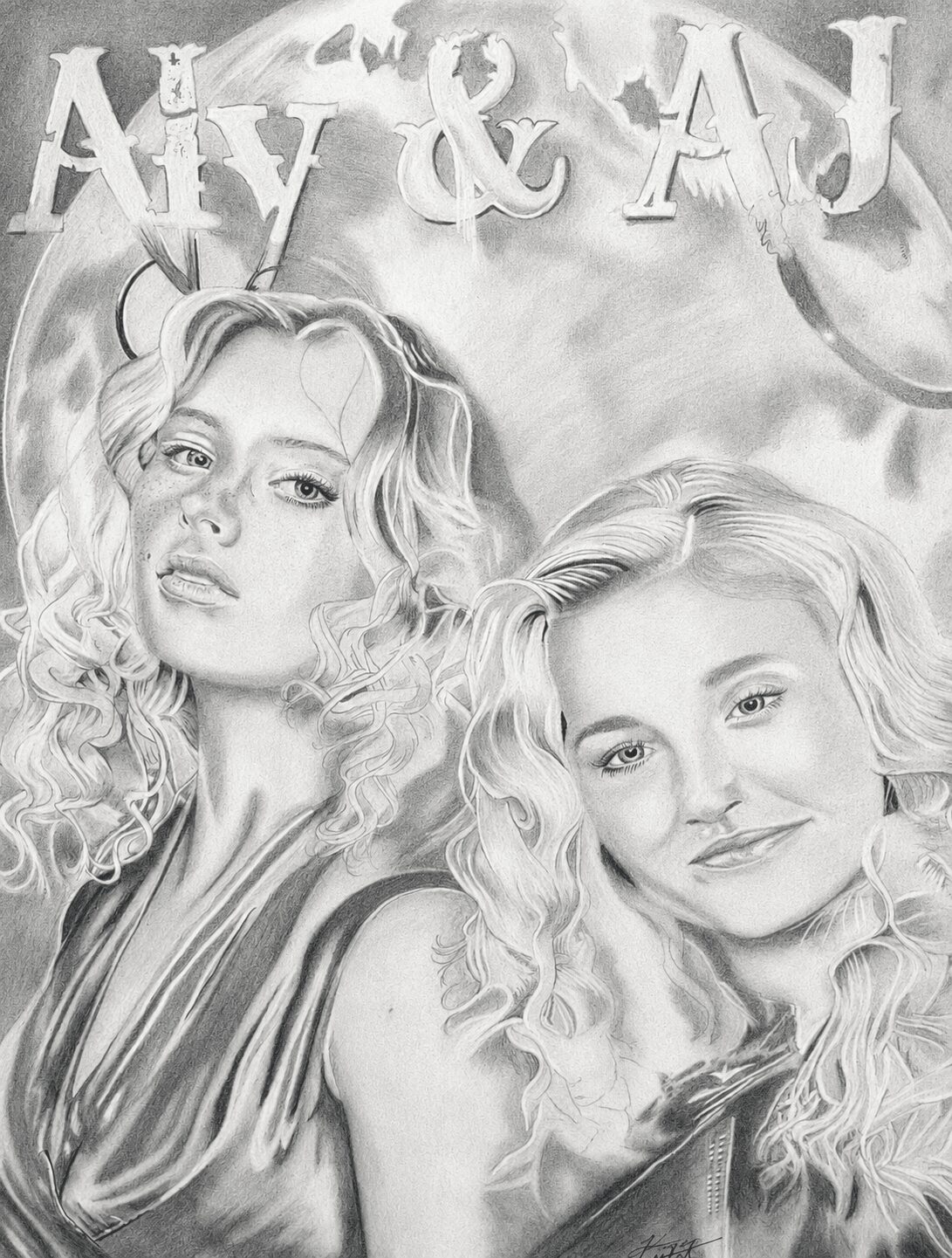 Two women with wavy hair pose closely, with text 'AVY & AJ' above them, in a grayscale drawing.