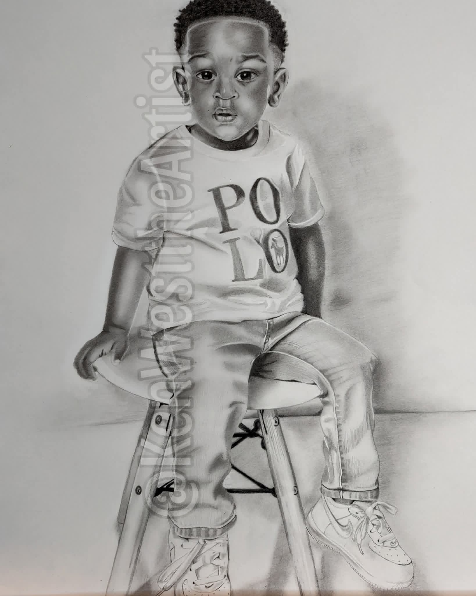 Child sitting on a stool, wearing a T-shirt with the word 'POLO', jeans, and sneakers, looking at the camera.