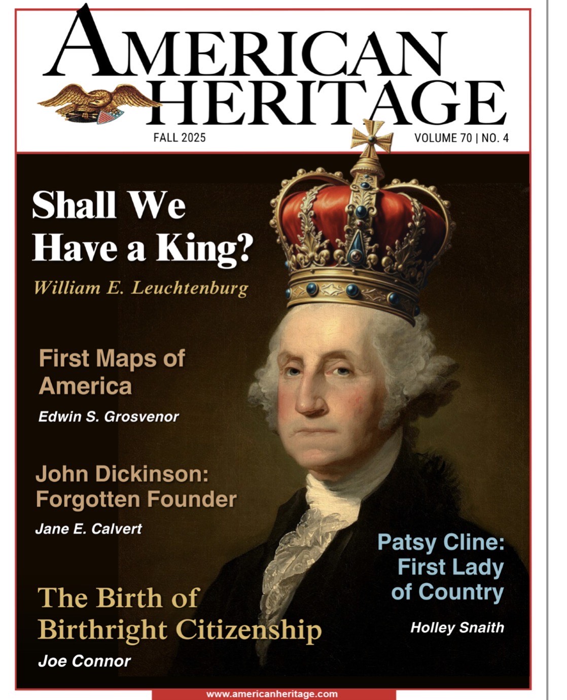 Magazine cover featuring a portrait of George Washington wearing a crown, with headlines about American history and citizenship.
