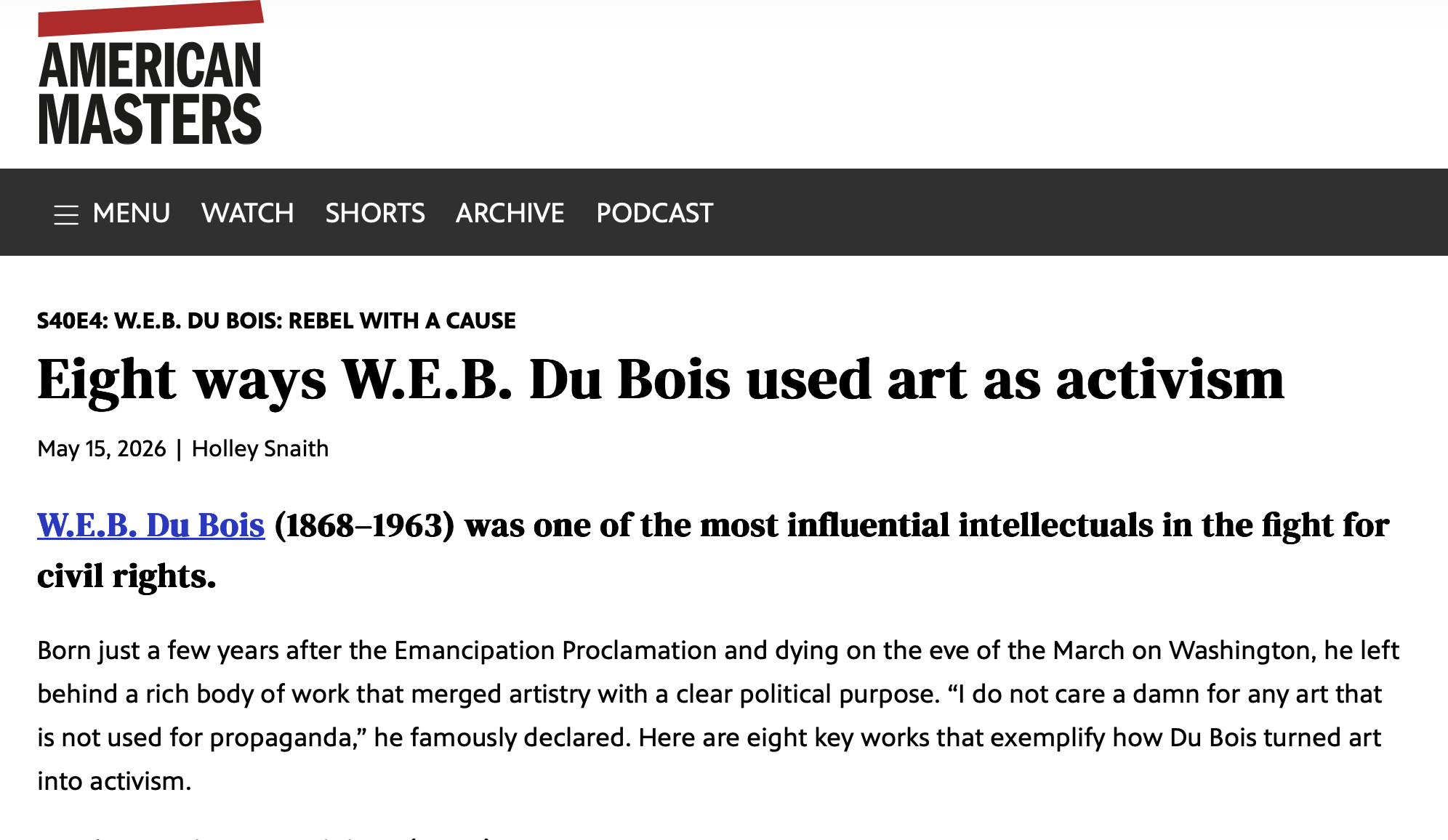 Screenshot of a webpage about W.E.B. Du Bois and activism, with text and a menu bar at the top.