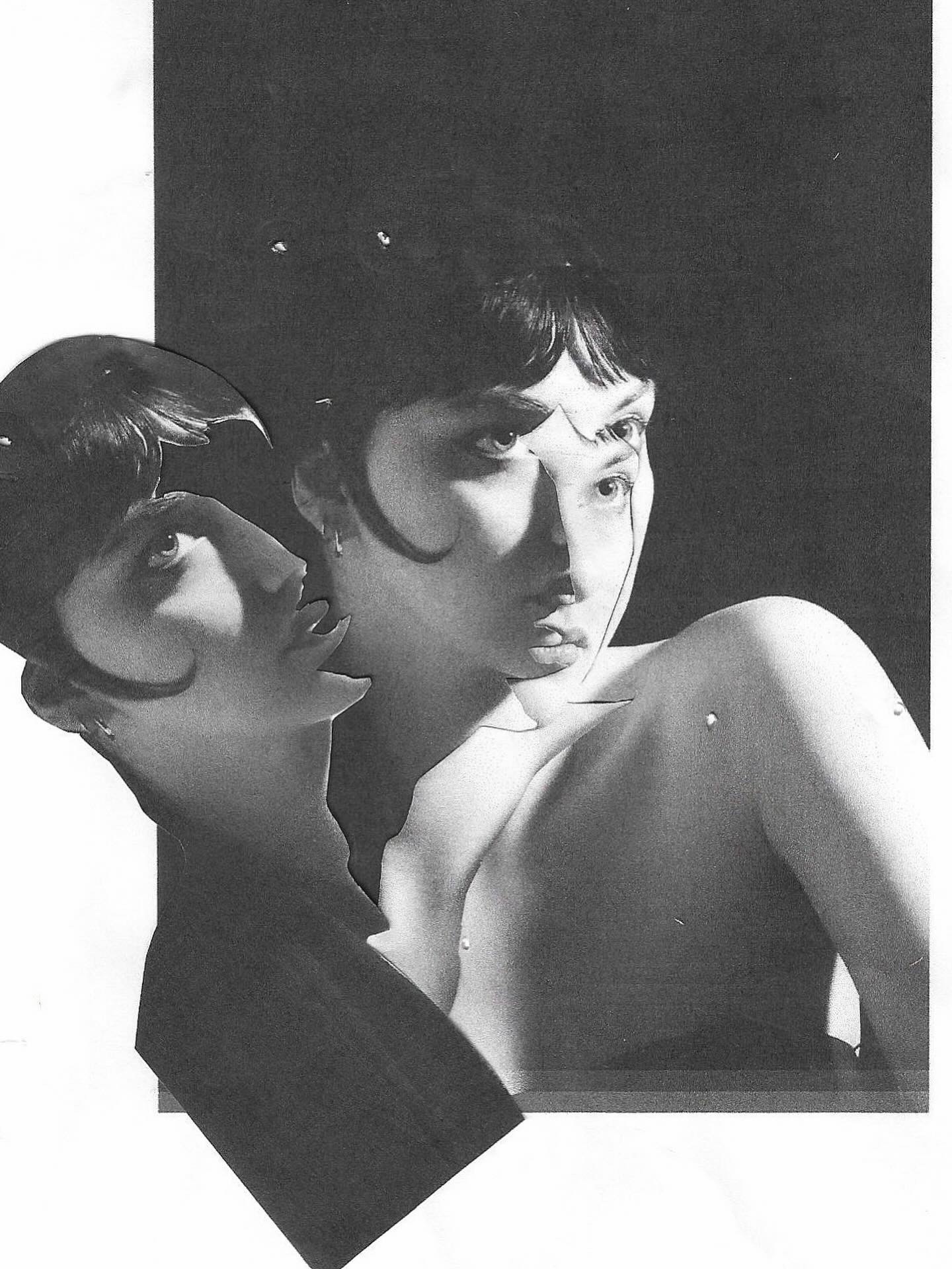 Black and white photo of a woman with short hair, looking to the side, with a shadowed figure of a person with a bird-like mask overlapping her shoulder.