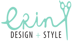 Logo with the word 'erin' in cursive, a pair of scissors, and the words 'DESIGN + STYLE' below.