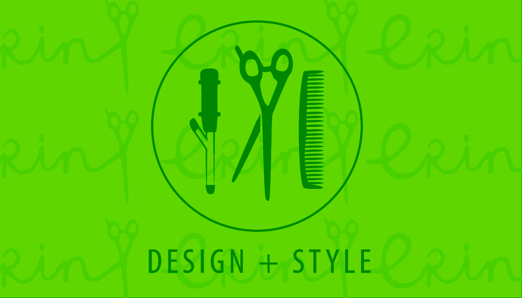 Logo with hair scissors, comb, and hairbrush, with text 'Design + Style' below, on a teal background.