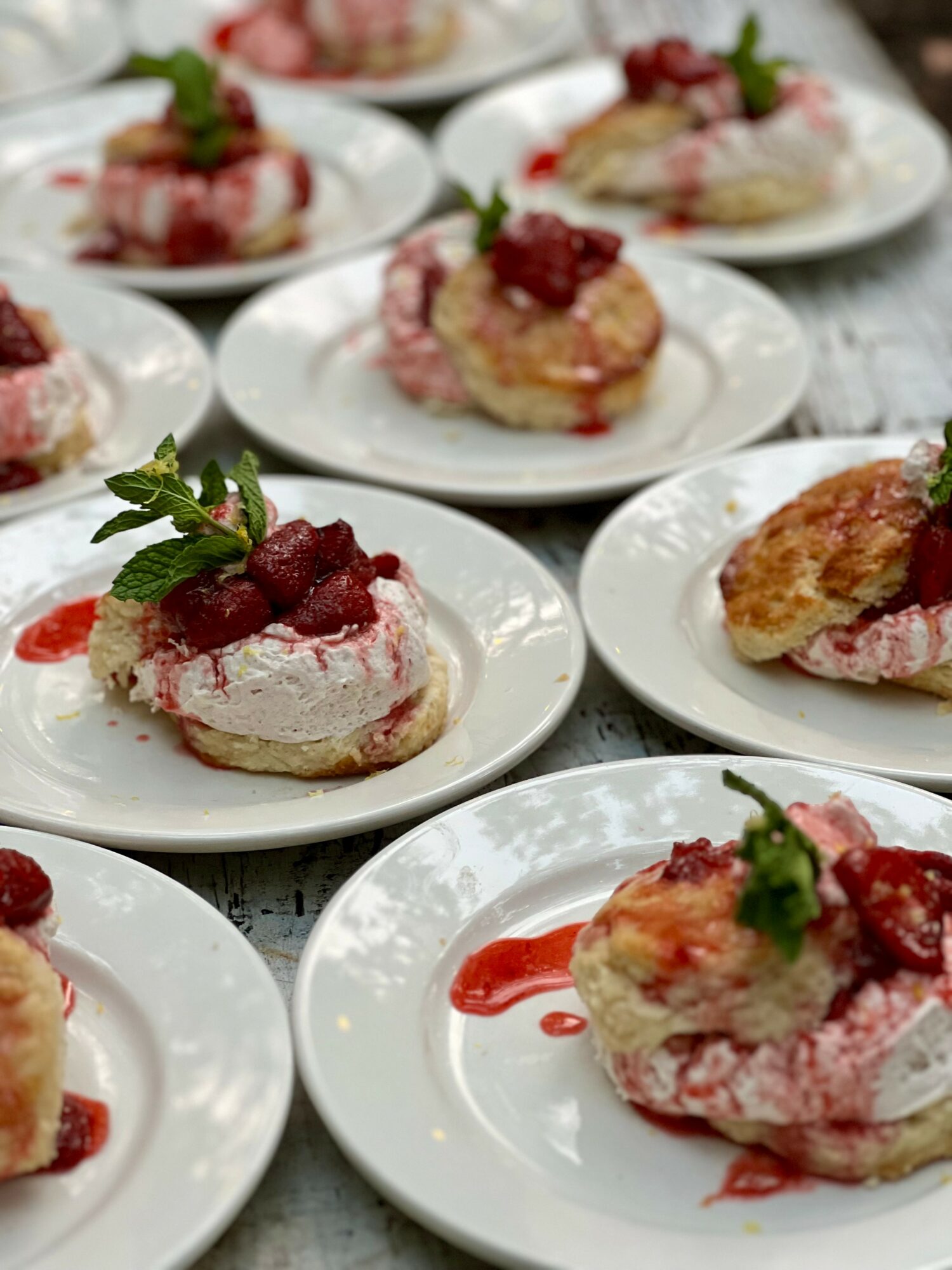 Multiple small desserts with cream, red fruit topping, and mint leaves on white plates, arranged on a table.