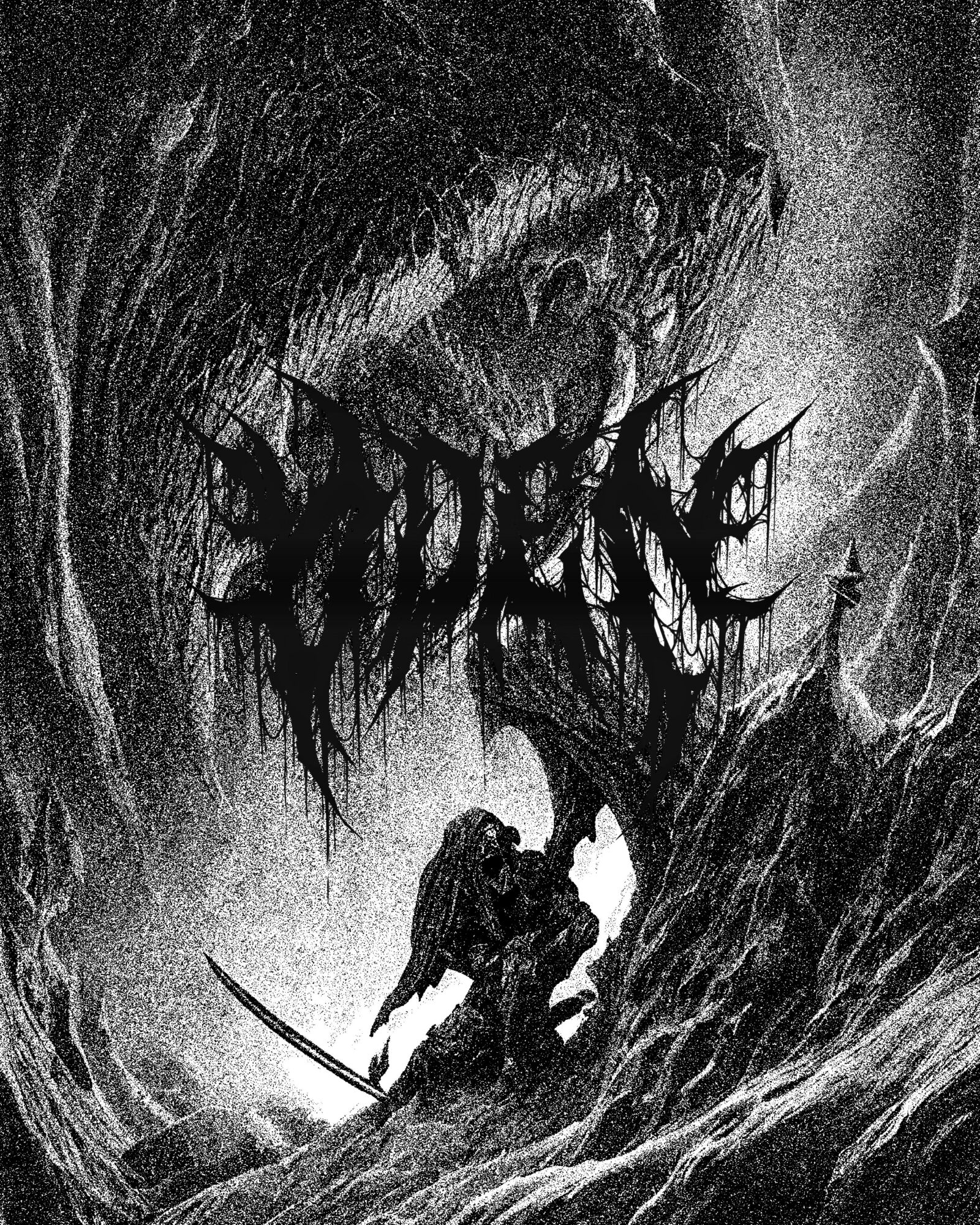 Dark, detailed illustration of a warrior with a sword, surrounded by a chaotic scene, with a logo reading 'SODIC' in jagged font.