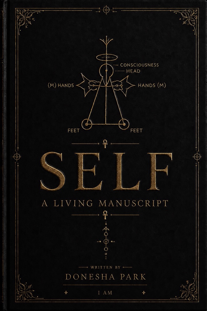 Book cover titled 'SELF: A Living Manuscript' with a gold geometric diagram and text on a black background.