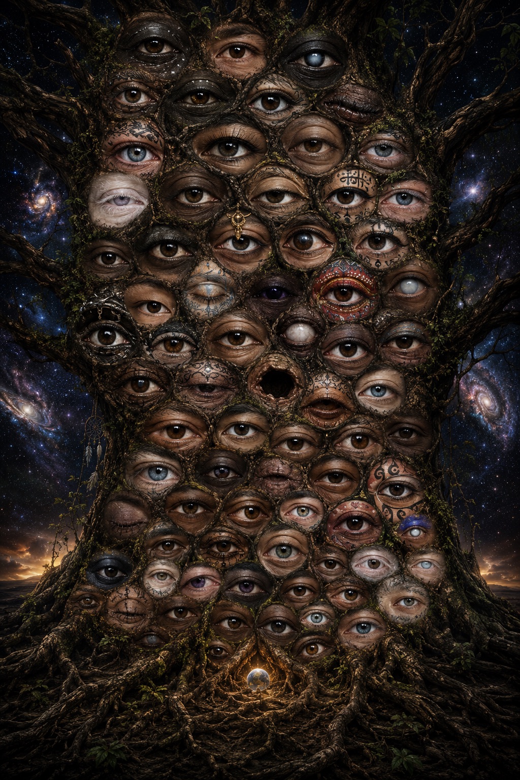 Multiple human eyes arranged in a tree shape against a cosmic background, with branches and roots visible.