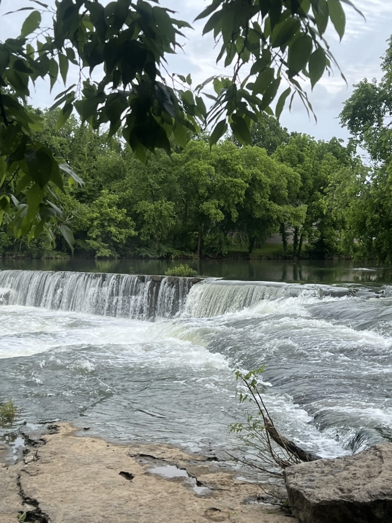 River with small waterfall, surrounded by green trees and foliage, under a cloudy sky.