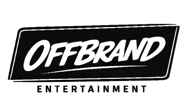 Logo with the words OFFBRAND ENTERTAINMENT inside a tilted rectangle, black background, white text, minimal design.