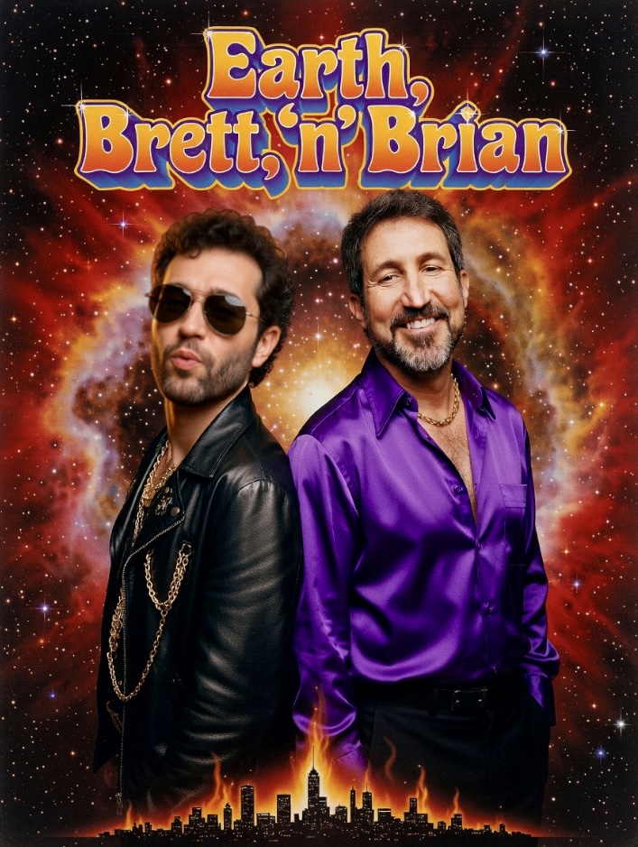 Two men stand in front of a cosmic background with stars and nebulae, with the title 'Earth, Brett'n Brian' above them.