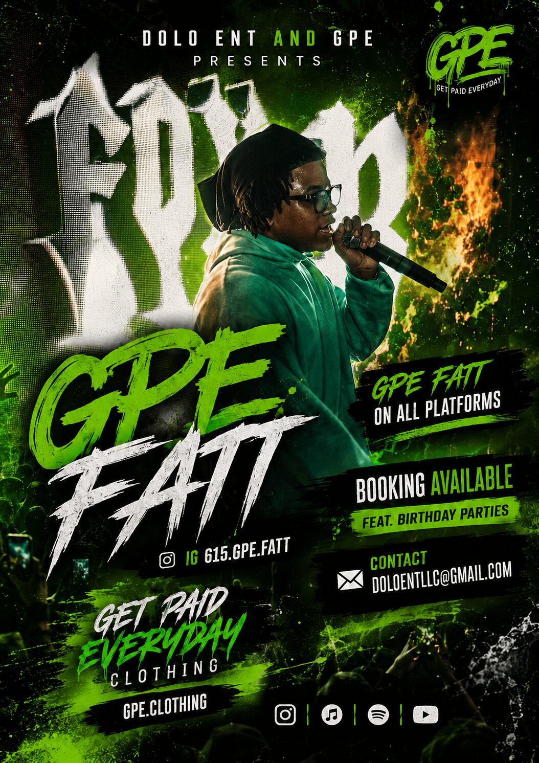 Person with glasses and green hoodie holding microphone, graffiti background, promotional text for GPE FATT event, contact email, social icons.