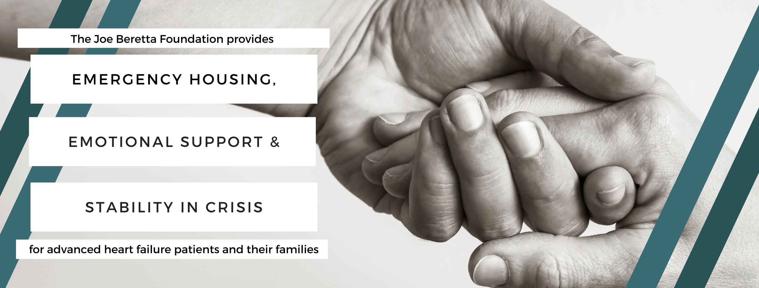 Close-up of two hands holding each other, with text about emergency housing, emotional support, and stability in crisis, for heart failure patients.
