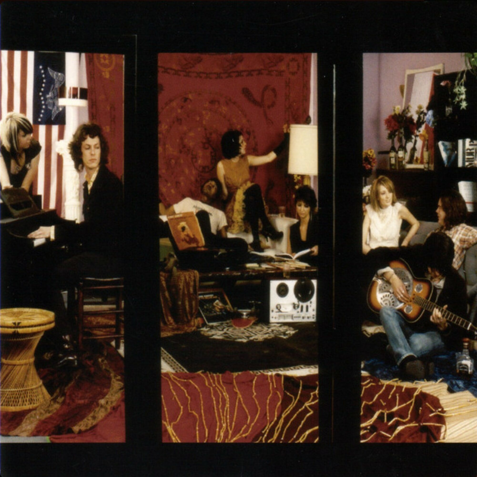 Three rooms with people, furniture, and decorations, including a person playing guitar, a woman at a piano, and a person with a microphone.