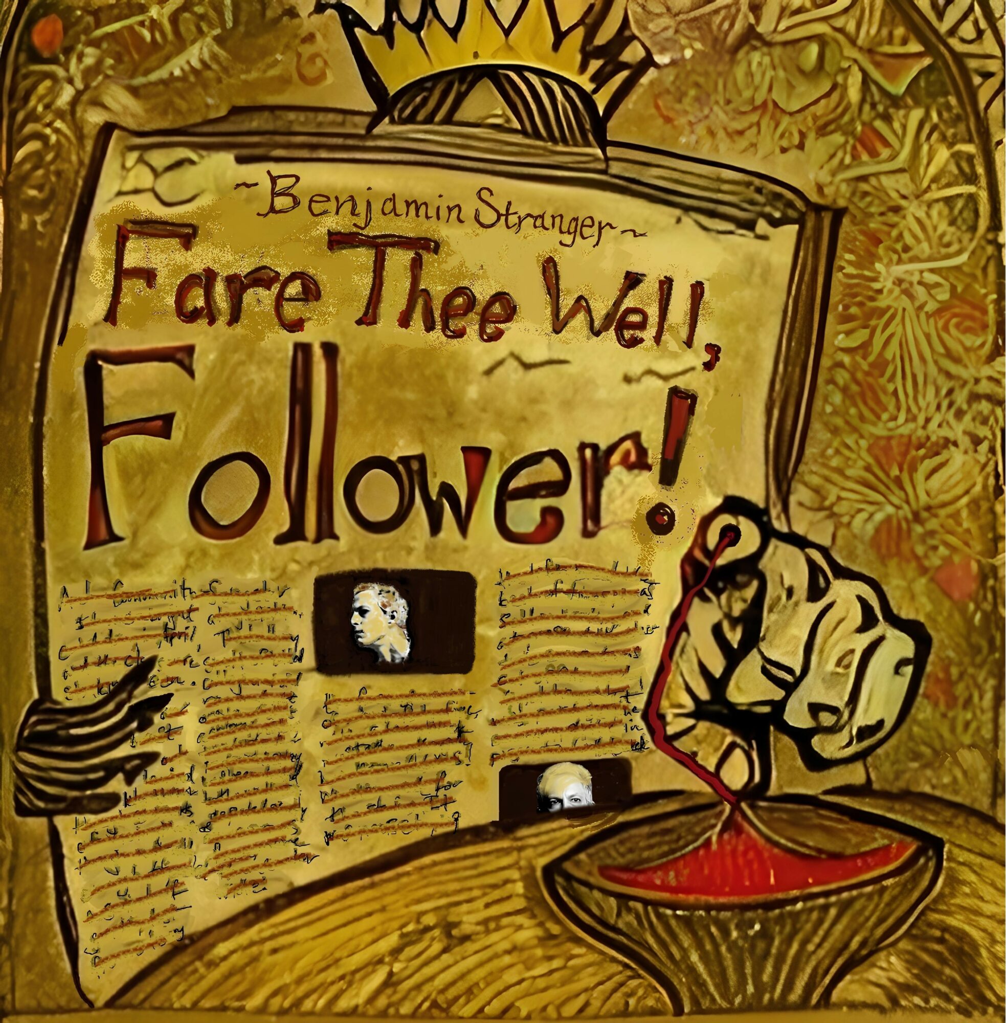 A hand holding a pen writes in a large open book with a crown above. Text reads 'Fare Thee Well, Follower!'.