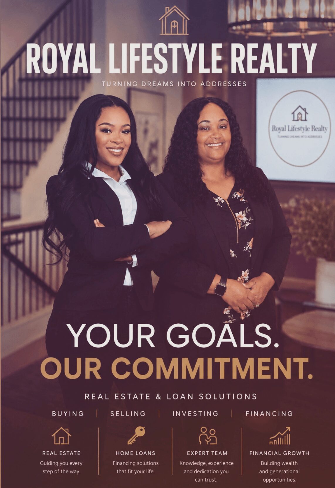 Two women standing indoors, smiling, with a staircase in the background, promotional material for Royal Lifestyle Realty, with text about real estate services.