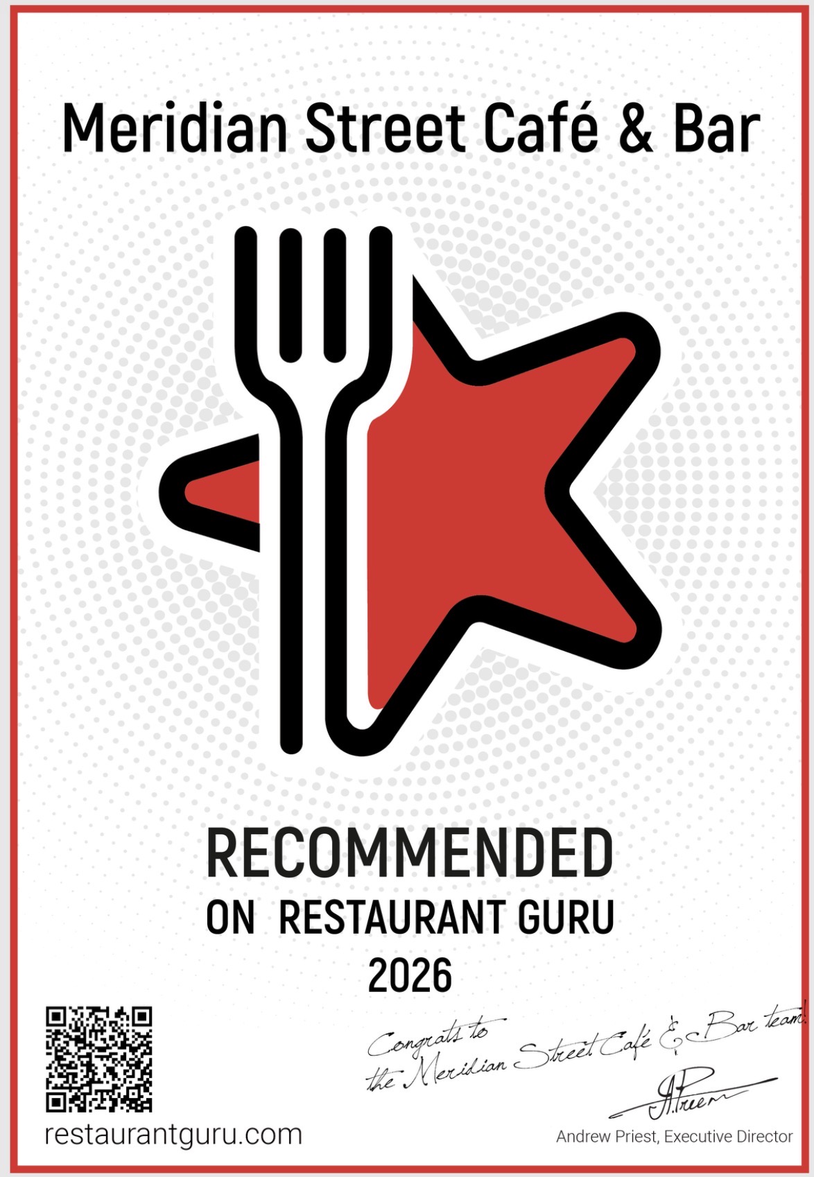 Logo with a fork, star, and text for Meridian Street Café & Bar, recommended on Restaurant Guru 2026, with a QR code.