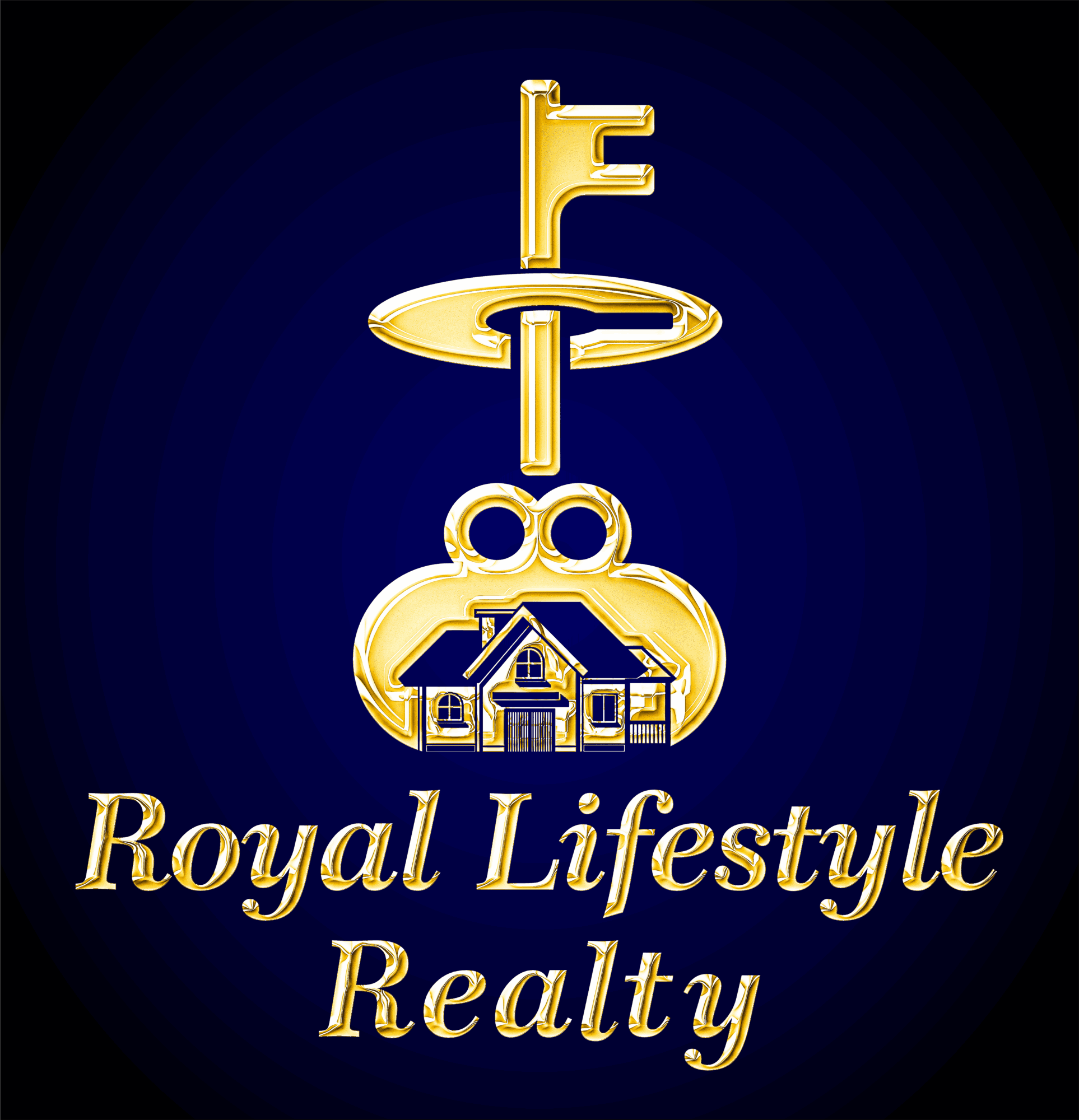 Logo with a gold key, house, and text 'Royal Lifestyle Realty' on a dark background.