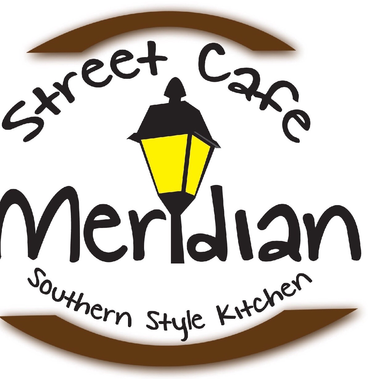 Logo for Street Cafe Meridian with a street lamp, text, and curved lines, indicating a southern-style kitchen.